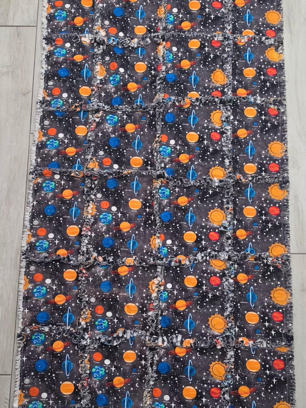 Resersable Space Planet Print Quilted Throw - Black with Orange & Blue Planets
